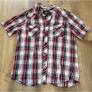 Surplus Men's Short Sleeve Button Up Shirt Red‎ Black White Plaid XL